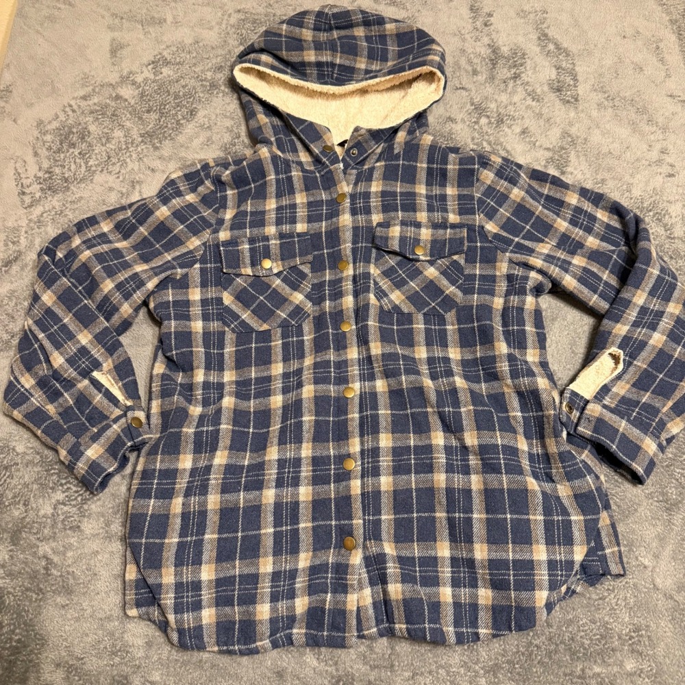 Dokotoo Mens Flannel Jacket Hooded Sherpa Lined Navy Button‎ Up Plaid